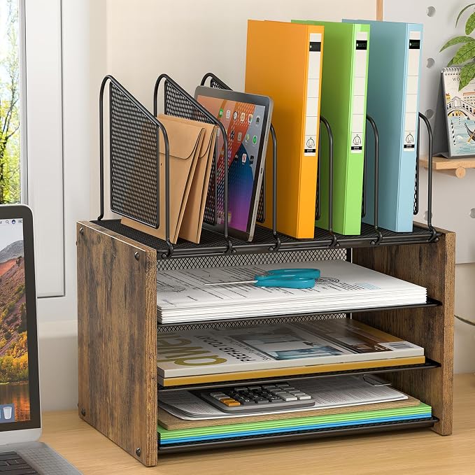 4-Tier Desk Organizer, Desk File Organizer with 5 Vertical File Holders, Office Desktop Organizer with 3 Level Paper Organizer Letter Tray, Wooden Desk Organizers and Accessories for Home Office - Image 2