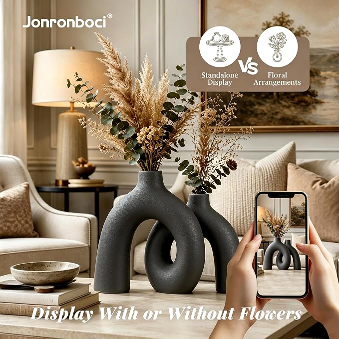 Hug Donut Decorative Vase Set - Dark Gray Modern Minimalism Industrial Style Vases Home Decor, Matte Ceramic Decorations for Living Room Shelf, Bookshelf Mantle Entryway Table or Console Décor(Gray) - Image 5