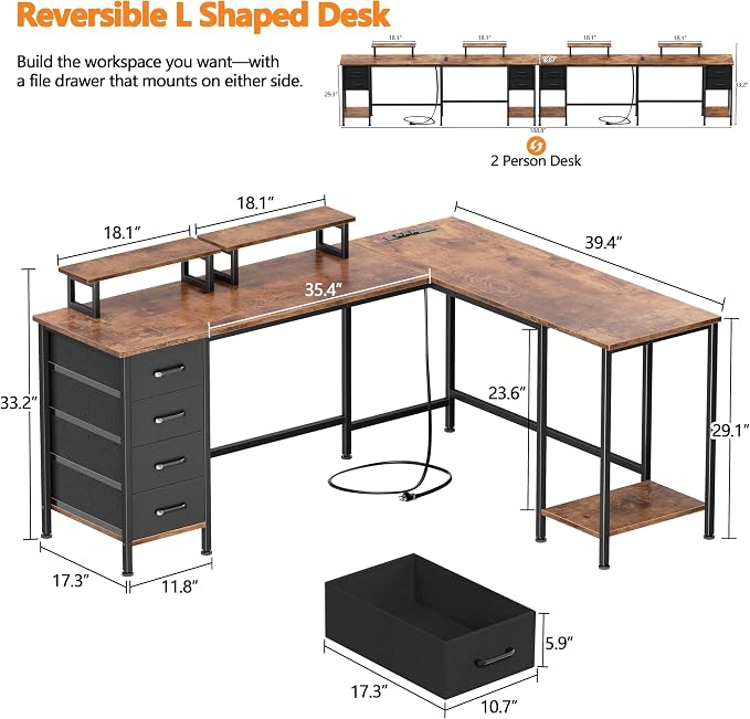Korfile 66 inch L Shaped Computer Desk with Power Outlets, Rustic Brown | Ideal for Home Office, Bedroom, Corner, 4 Adjustable Storage Drawers, 2 Monitor Stands, Reversible, Two Person Gaming Table - Image 3