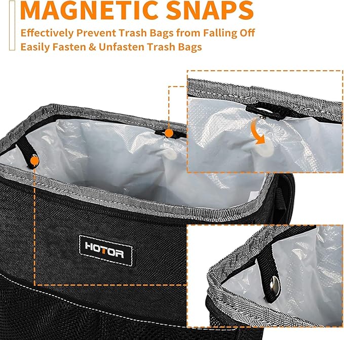 HOTOR 3 Gallons Car Trash Can, Ultra Large Capacity Organizer and Storage with Adjustable Straps & Magnetic Snaps, Waterproof Car Accessory for Interior Car Stuff Storage, Black - Image 3