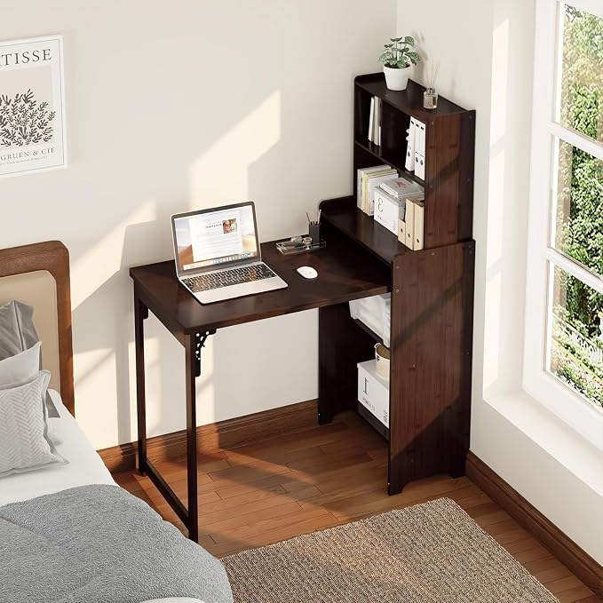 Bamboo Folding Desk with Bookshelf, Foldable Desk for Small Spaces, Brown | Space-Saving Computer Desk with Storage, Compact Size, Writing Study Table for Home Office, Bedroom, Dorm, Apartment - Image 3