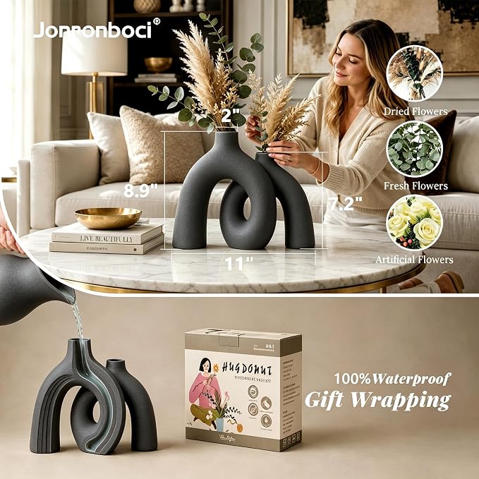 Hug Donut Decorative Vase Set - Dark Gray Modern Minimalism Industrial Style Vases Home Decor, Matte Ceramic Decorations for Living Room Shelf, Bookshelf Mantle Entryway Table or Console Décor(Gray) - Image 4