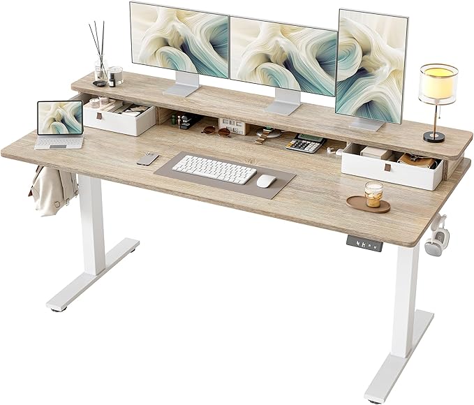 TIQLAB Standing Desk with Two Drawers, Stand Up Standing Desk Adjustable Height, Electric Sit Stand Table with Storage Shelf and Splice Board, 63 * 24 inch, Maple by TIQLAB