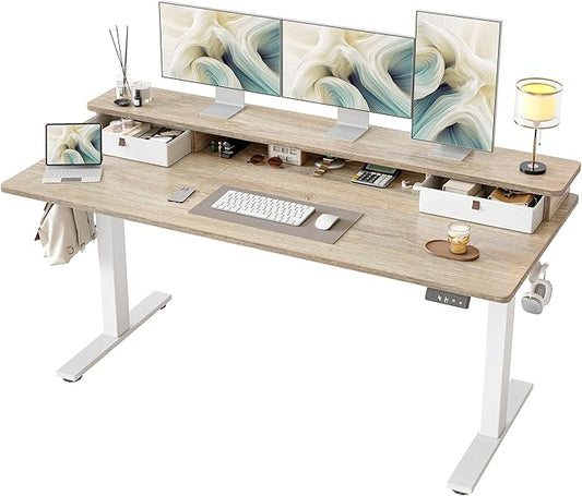 TIQLAB Standing Desk with Two Drawers, Stand Up Standing Desk Adjustable Height, Electric Sit Stand Table with Storage Shelf and Splice Board, 63 * 24 inch, Maple by TIQLAB