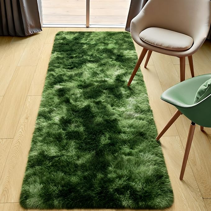 Tepook Soft Runner Rugs for Bedroom 2x6 with Rubber Backing, Tie-Dyed Dark Green Fluffy Rugs for Hallway, Shag Bedside Rug Fuzzy Plush Carpet for Living Room Dorm Nursery Indoor Home Decor - Image 5