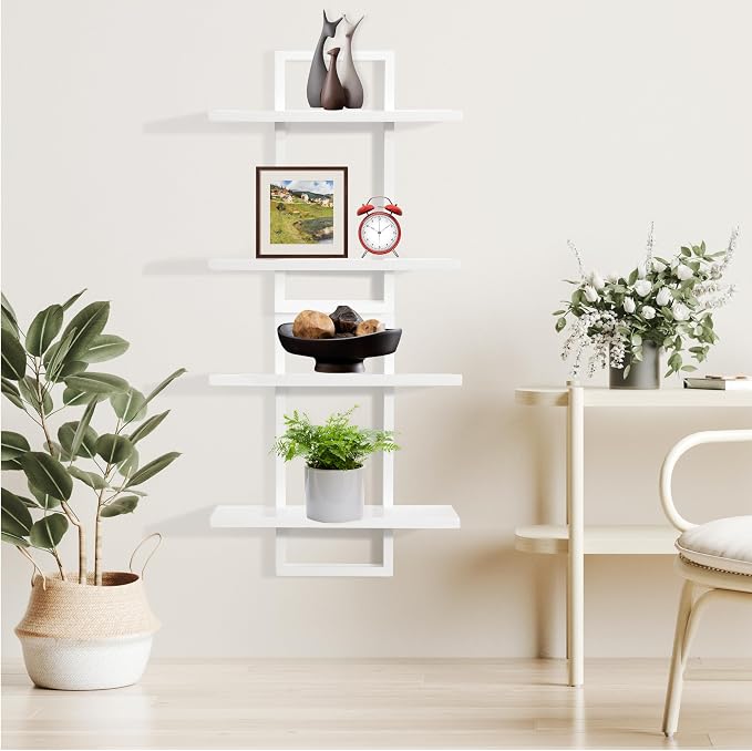 PHOENANCEE Floating Shelves for Wall,Display Hanging Shelf Set of 2,Modern Decorative Plants Shelves,Wood Home Decor Storage Chic for Living Room Bedroom Bathroom Office,Oak Frame,2-Tier,White - Image 2