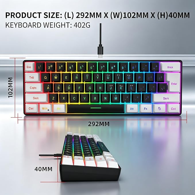 Snpurdiri 60% Wired Gaming Keyboard, Small RGB Backlit Membrane Gaming Keyboard, Ultra-Compact Mini Waterproof Keyboard for PC Computer Gamer White and Black | Backlit Small Membrane Gaming Keyboard for PC Computer Gamer - Image 5