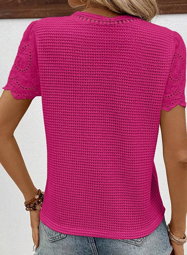 SHEWIN Womens Frenchy Summer Tops Crewneck Short Sleeve T Shirts Casual Waffle Knit Jacquard Blouses Top Shirts - Image 2