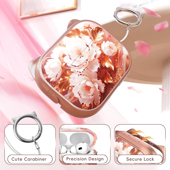 for AirPods Pro 2 Case with Cleaning Kit, Cute Cat Ear Print Design & Cute Buckle for Girls, Phone Holder & Top Safe Lock Buckle Design for AirPods Pro 2nd/1st Gen case, Rose Gold Peony - Image 5