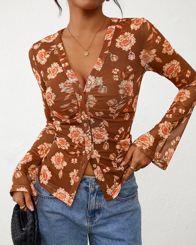 BTFBM Button Down Shirts for Women 2026 Fall Boho Tops V Neck Long Sleeve Blouses Ruched Mesh Fitted Fashion Clothing - Image 7