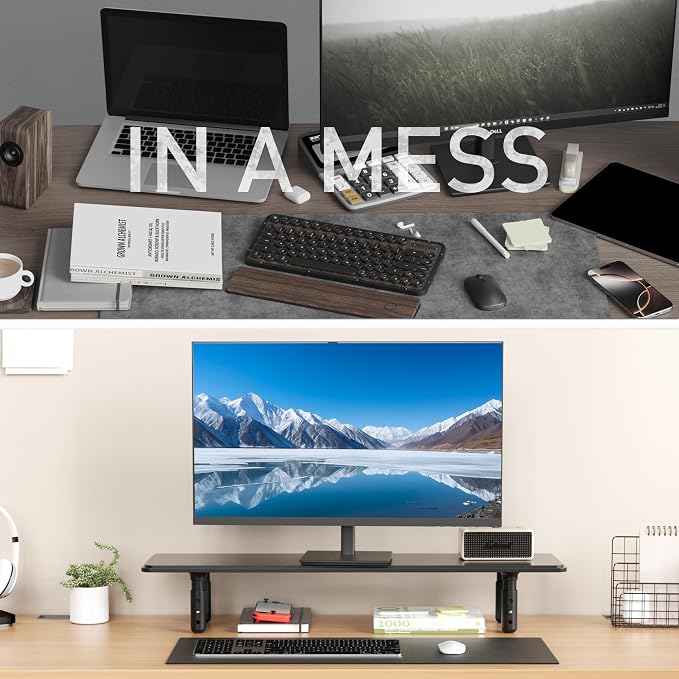 AFOOYO Dual Monitor Stand for Desk, Adjustable Height Wood Computer Riser, Ergonomic Monitor Shelf for Laptop, Printer, TV, Black - Large Storage Space, Sturdy Desk Organizer for Home & Office,Black - Image 6