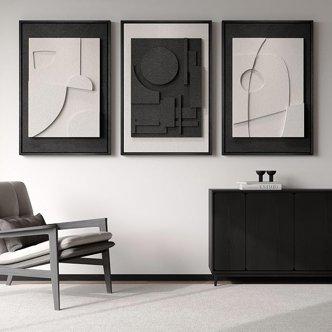 Large 3D Textured Framed Black and White Abstract Wall Art, 3 Piece Modern Wall Paintings Artwork for Walls, Minimalist Black White Geometric Pictures for Living Room, Hallway, Dining Room Wall Decor - Image 8