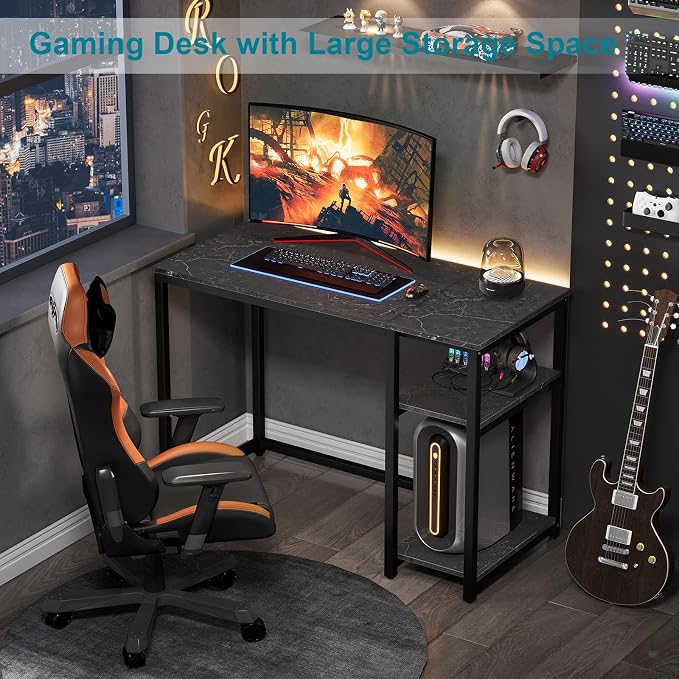 SINPAID Computer Desk 40 inches with 2-Tier Shelves Sturdy Home Office Desks with Large Storage Space Modern Gaming Desk Study Writing Laptop Table, Black Marble - Image 6