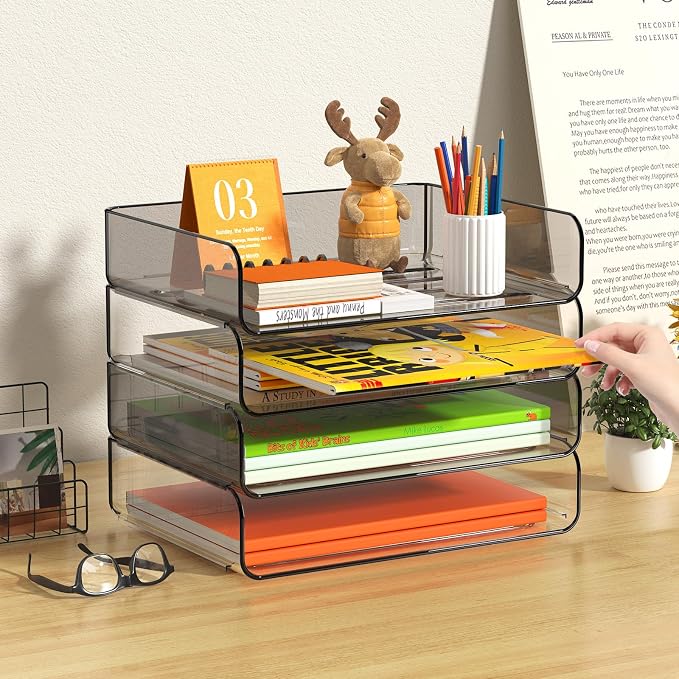 FANXIYQ 4-Tier Acrylic Paper Tray Organizer, Clear & Brown Paper Organizer | Stackable, Tool-Free Design with 2-4 Tiers for A4 Paper, Files, Books and Mail; Ideal for School, Home Office and Study Room - Image 7