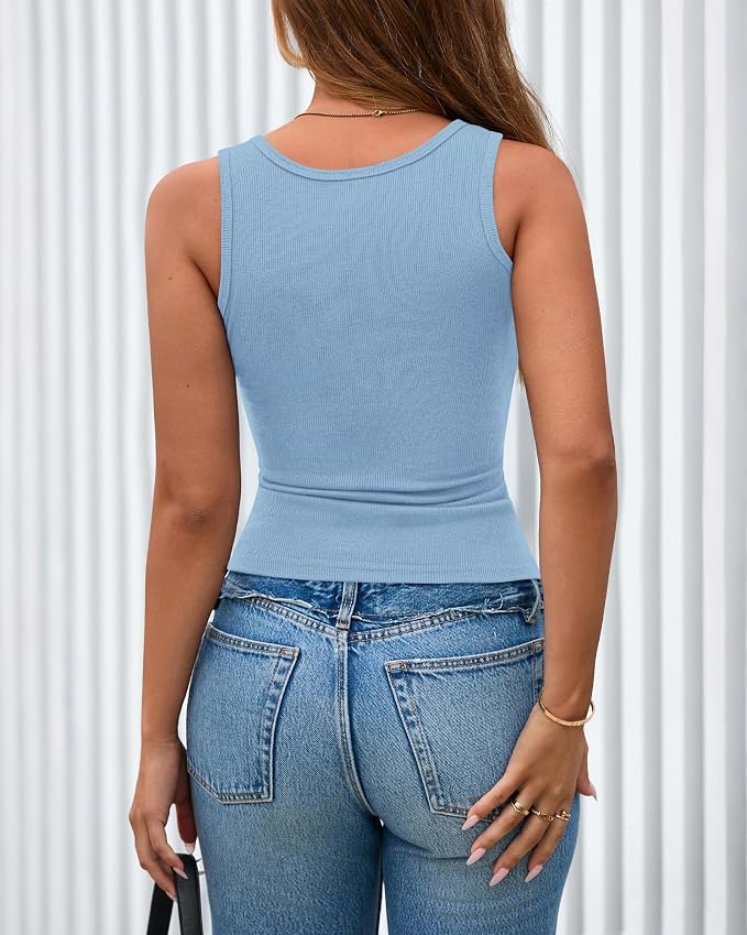 BTFBM Summer Tops for Women 2026 Scoop Neck Ribbed Henley Button Sleeveless Casual Spring Basic Tank Top Clothes Outfits - Image 3