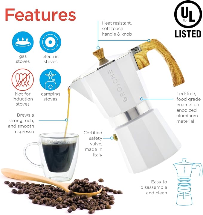 GROSCHE Milano Stovetop Espresso Maker Moka Pot 3 espresso Cup, 5 oz White | Cuban Coffee Maker And Italian Moka Pot For Stovetop Espresso; For Gas, Electric, And Propane Stoves With A Soft-Touch Handle - Image 3