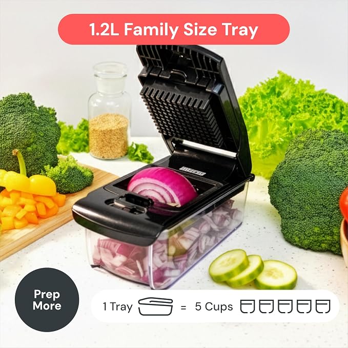 Fullstar Pro Original Vegetable Chopper & Mandoline Slicer Kitchen Gadget | 6 in 1 Veggie Slicer, Onion & Fruit Cutter with Sharp Stainless Steel Blades & Container, All-in-One Meal Prep Tool (Black) - Image 6