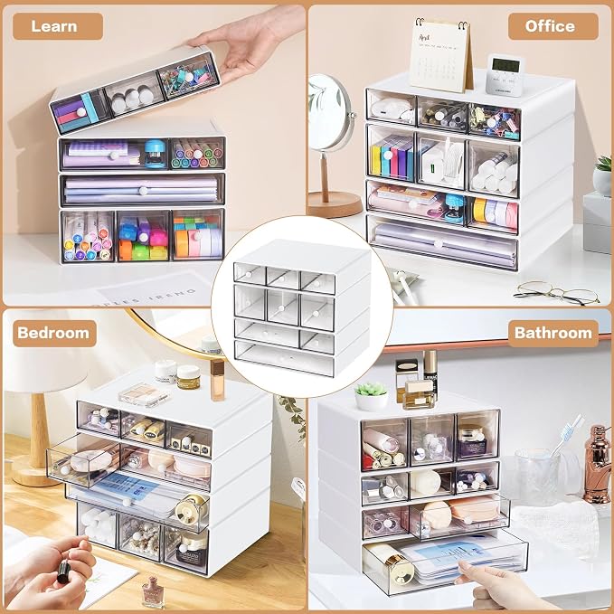Desk Storage Organizer with 9 Drawers, 4 Tiers Stackable Desktop Craft Storage Drawers, Clear Storage Box Caddy for Stationary Makeup Jewelry Office Craft Supplies (White) - Image 6