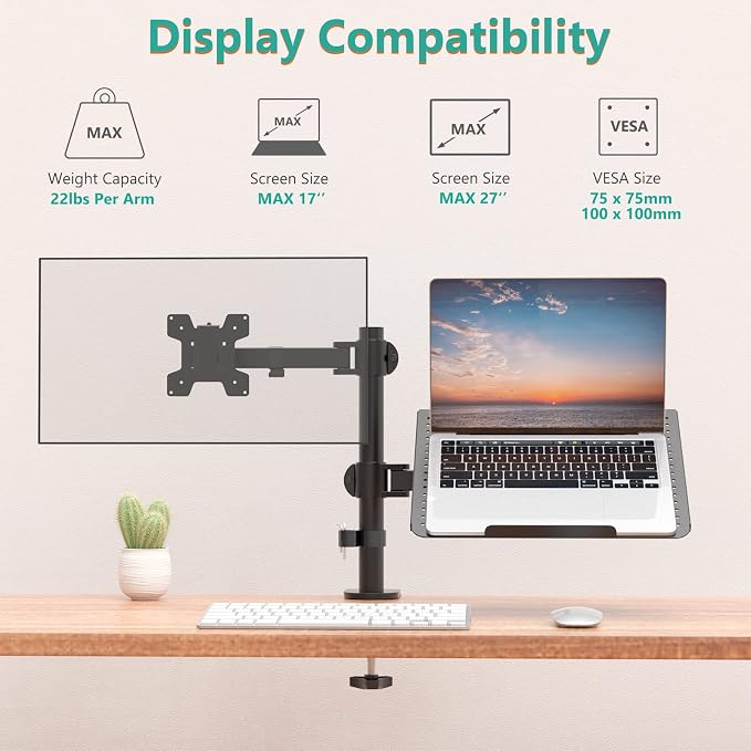 WALI Dual Arm Laptop and Monitor Desk Mount for 17" Notebook and Up to 27" Screen, Fully Adjustable Monitor Arm with Laptop Tray, VESA 75x75 100x100, Holds up to 22 lbs, Black (M001LP) - Image 4