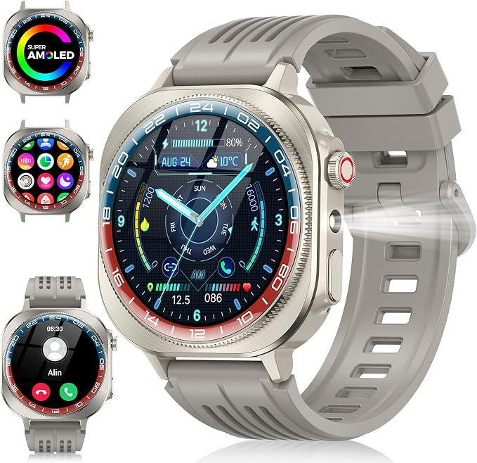 Smart Watch (Answer/Make Call), 1.43" AMOLED-3D Military Smartwatch for Men Women, Flashlight/130+ Sports/60 Days, Heart Rate/Sleep Monitor, IP68 Waterproof Fitness Activity Tracker for Android iOS by Soudorv