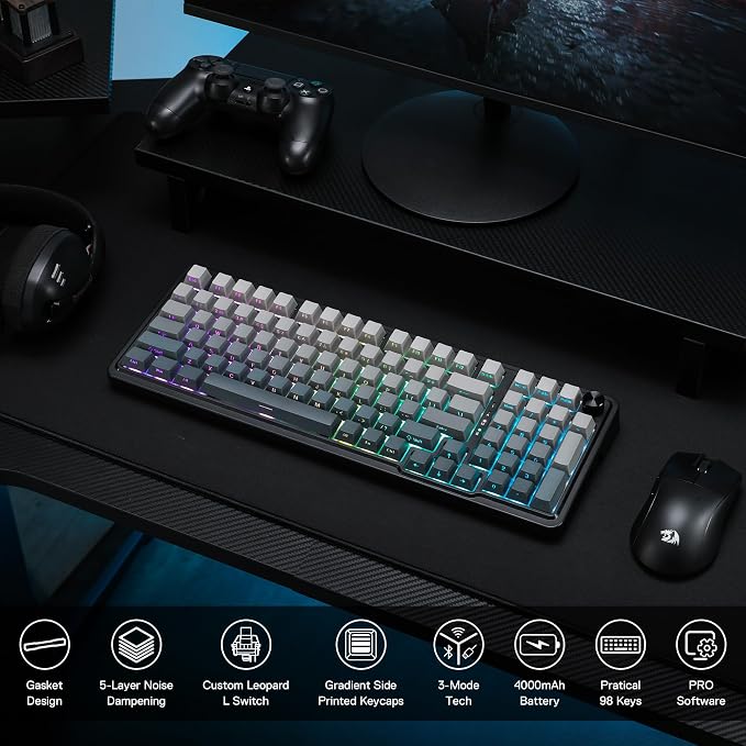 Redragon K686 PRO Wireless RGB Gasket Gaming Mechanical Keyboard, Easy Knob | Multi-Function Control Wheel, 0-Delay Tri-Mode, Cushioned 5-Layer Noise Dampening for Creamy Thocky Sound, Practical 98 Keys - Image 2