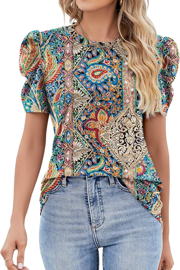 Ivicoer Puff Short Sleeve Shirt for Women Eyelet Tops Summer Crewneck Blouse Loose Fit S-XXL by Ivicoer