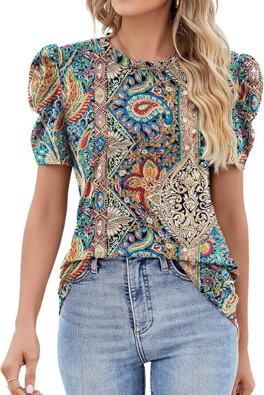 Ivicoer Puff Short Sleeve Shirt for Women Eyelet Tops Summer Crewneck Blouse Loose Fit S-XXL by Ivicoer
