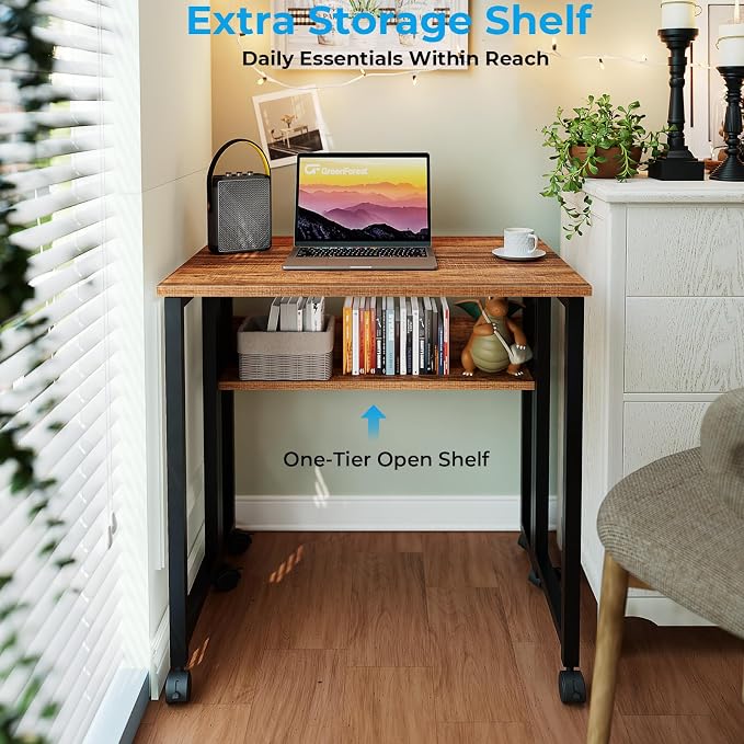GreenForest Folding Desk with Wheels, 31.5" Rolling Table for Small Spaces | Storage Shelf, Lockable Casters, Compact Portable Workstation, Space-Saving Foldable Sofa Table, Home Office, Mobile, Walnut - Image 5