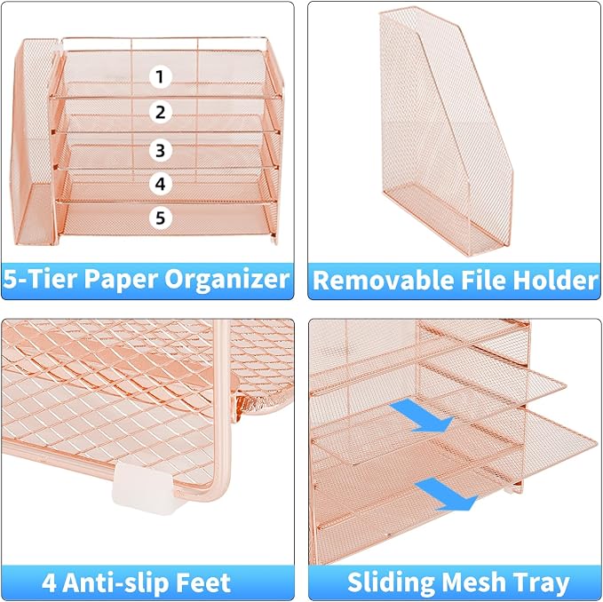 OPNICE Desk Organizer, 5-Tier Paper Organizer Letter Tray with Magazine Holder, Office Desk Accessories & Workspace Organizers, Desktop File Organizer for Office Supplies Storage, Rose Gold - Image 6