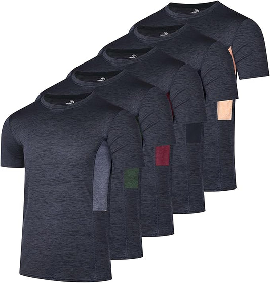 5 Pack Men's Dry Fit Short Sleeve T-Shirt Gym Workout Athletic Running Tee | Cooling, Moisture-Wicking, Crew Neck, Quick-Dry, Breathable, Active, Exercise, Fitness, Basketball, Cycling, Hiking, Tennis by RealEssentials