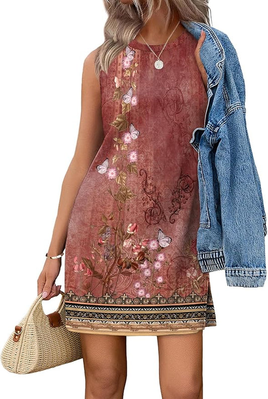 WIHOLL Casual Dresses for Women Crewneck Sleeveless Tank Dress Summer Spring Boho Vacation Clothes by WIHOLL