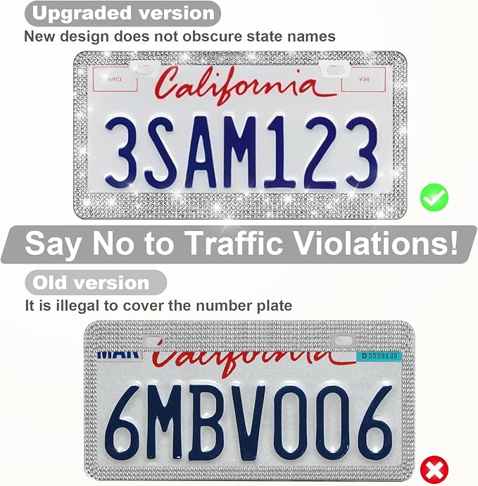 QUANQIUFEI 2 Pack Bling License Plate Frames for Women, Sparkly Rhinestone Diamond Car Accessories with Glitter Crystal Caps (Silver) - Image 4