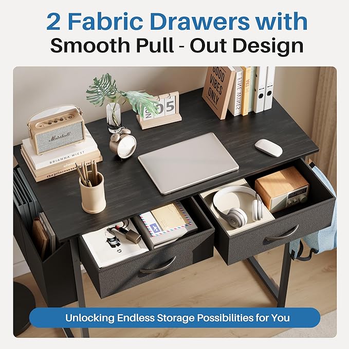 OLIXIS 32 Inch Small Desk, Gaming Computer Desk, Side Bag | Fabric Drawers, Headphone Hook, Home Office, Work Table, Writing Study, Bedroom, Black - Image 5