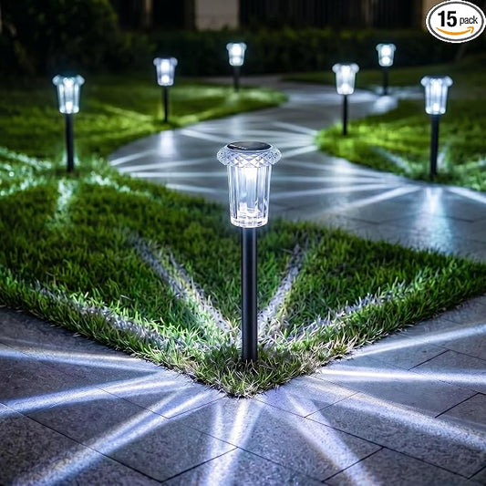 Eyrosa Solar Pathway Lights Outdoor Waterproof, 15 Pack Cool White Solar Garden Lights, Diamond-Cut Starlight Decor, Stake Lighting for Yard Path Walkway Driveway Patio Lawn Outside by EYROSA