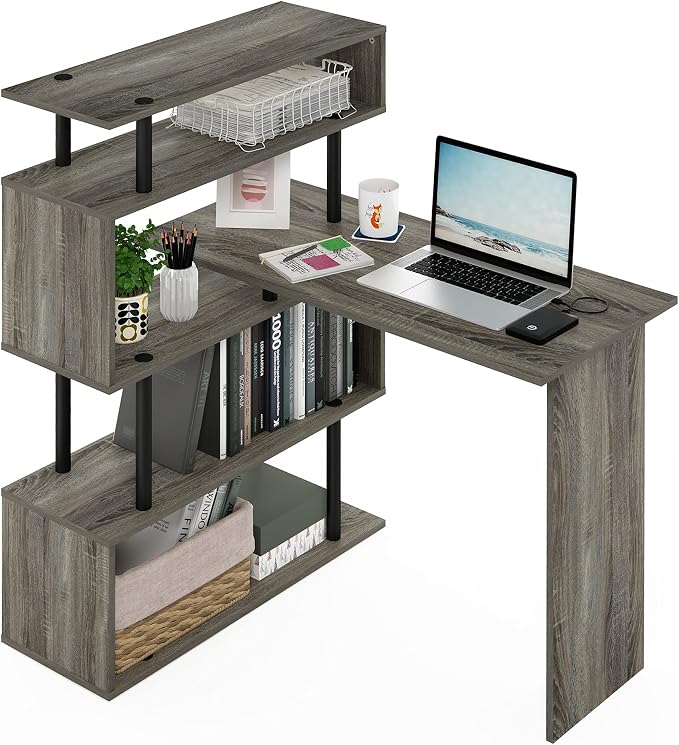 Furinno Classic L Shape Computer Desk, Gaming Desk, Office Desk with 5-Tier Shelves, 40" Wide, for Home Office, Study, Gaming, Grey Oak - Image 4
