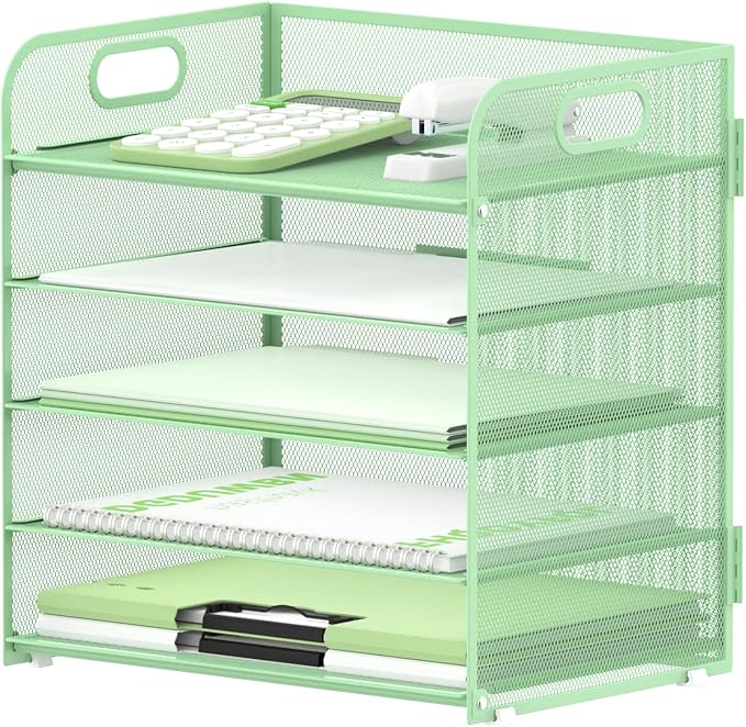 Supeasy 5 Trays Paper Organizer Letter Tray with Handle-Mesh Desk File Holders, Paper Sorter Desk Organizer for Office, Home, Classroom or School(Mint Green) by SUPEASY