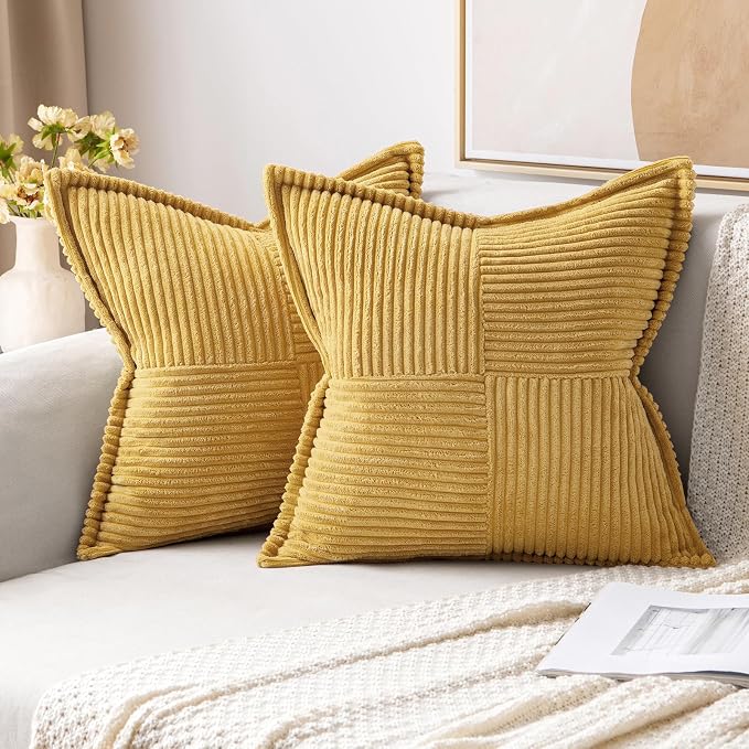 MIULEE Decorative Throw Pillow Covers for Couch Bed Livingroom 20x20 Inch Set of 2 Gold Boho Accent Throw Pllows Broadside Striped Patchwork Soft Corduroy Summer Pillowcases by MIULEE