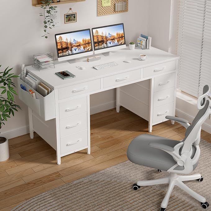 Lufeiya 47 Inch Computer Desk with 9 Drawers, Office Desk Work Desk for Home Office, Study, Writing, Vanity Desk with Fabric Drawers on Both Sides, Large Storage, White - Image 2