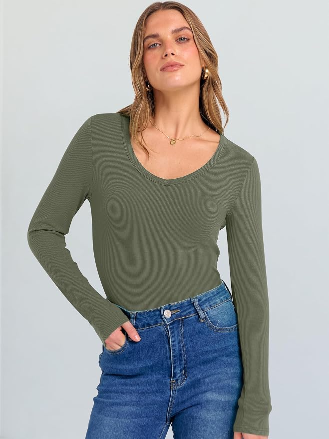 ANRABESS Long Sleeve V Neck Shirts for Women | Soft Comfy Ribbed Knit Fitted Tshirts, Casual Going Out Tops, 2026 Trendy Basic, Fall Winter Underscrub Layering Clothes - Image 2