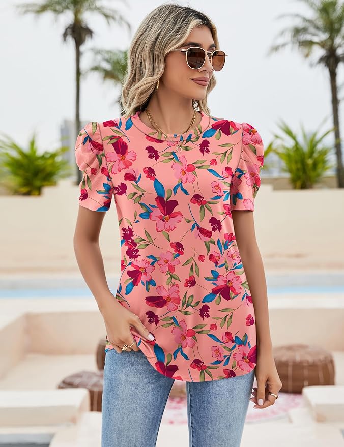 Ivicoer Puff Short Sleeve Shirt for Women Eyelet Tops Summer Crewneck Blouse Loose Fit S-XXL - Image 2