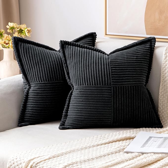 MIULEE Decorative Throw Pillow Covers for Couch Bed Livingroom 18x18 Inch Set of 2 Black Boho Accent Throw Pllows Broadside Striped Patchwork Soft Corduroy Pillowcases by MIULEE