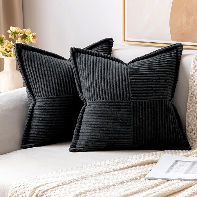 MIULEE Decorative Throw Pillow Covers for Couch Bed Livingroom 16x16 Inch Set of 2 Black Boho Accent Throw Pllows Broadside Striped Patchwork Soft Corduroy Pillowcases by MIULEE