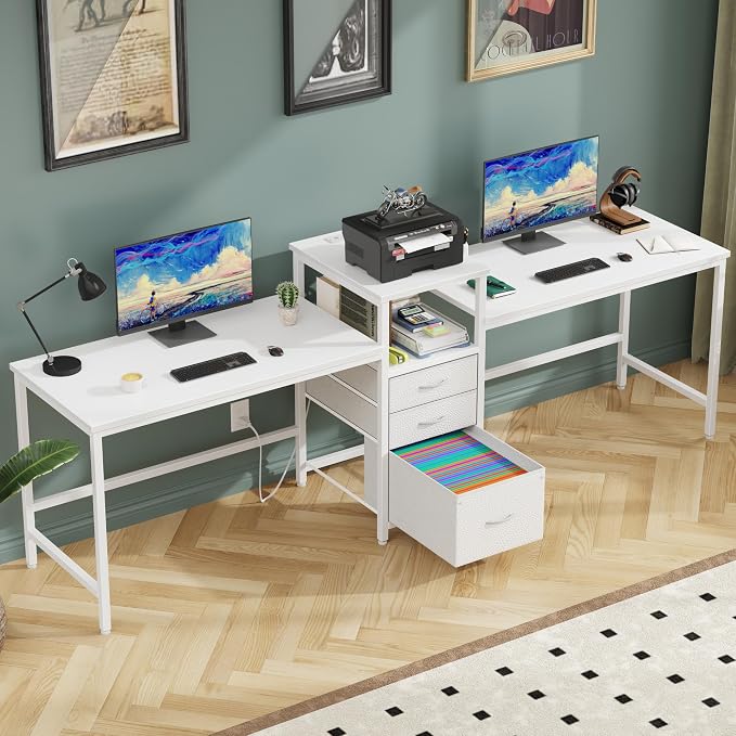 GYIIYUO 93'' Two Person Desk with Charging Station, Long Desk with 3 Drawer | Double Computer Desk with Printer Shelf, 2 Person Writing Study Table Workstation for Home Office, White by GYIIYUO