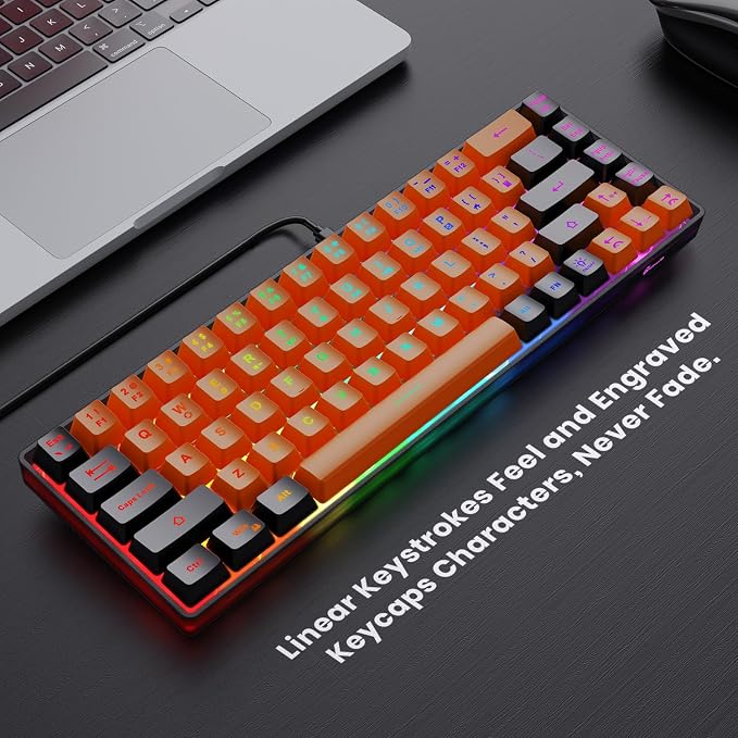 GEODMAER 65% Gaming Keyboard, LED Backlit Mini Wired Keyboard, Ultra-Compact Anti-Ghosting No-Conflict 68 Keys Membrane Gaming Wired Keyboard for PC Laptop Windows Gamer(Orange-Black) - Image 2