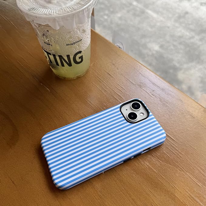 for iPhone 15 Case Striped Cute Aesthetics Phone Case Trendy Protective Shockproof Cover for iPhone 15 Blue White - Image 2