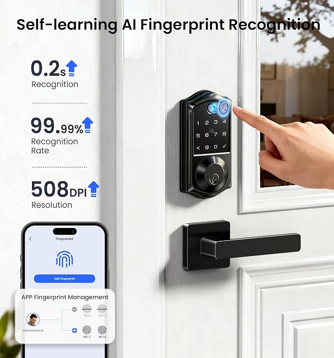 Veise VE017 Fingerprint Smart Door Lock, App Control, 8-in-1 Keyless Entry, Auto Lock, Emergency Power Port, Electronic Touchscreen Keypad, Biometric Smart Locks for Front Door, Matte Black - Image 11