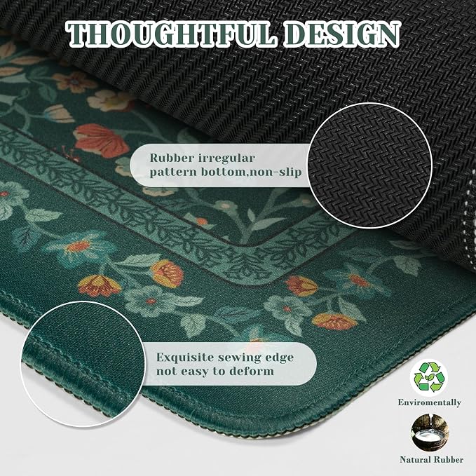 iCasso Aesthetic Floral Desk Mat,Retro Mouse Pads,31.5x11.8in,Deep Green | Anti-Slip Mousepad with Stitched Edges, Waterproof Computer Pad, Desk Accessories Office Decor for Women - Image 4