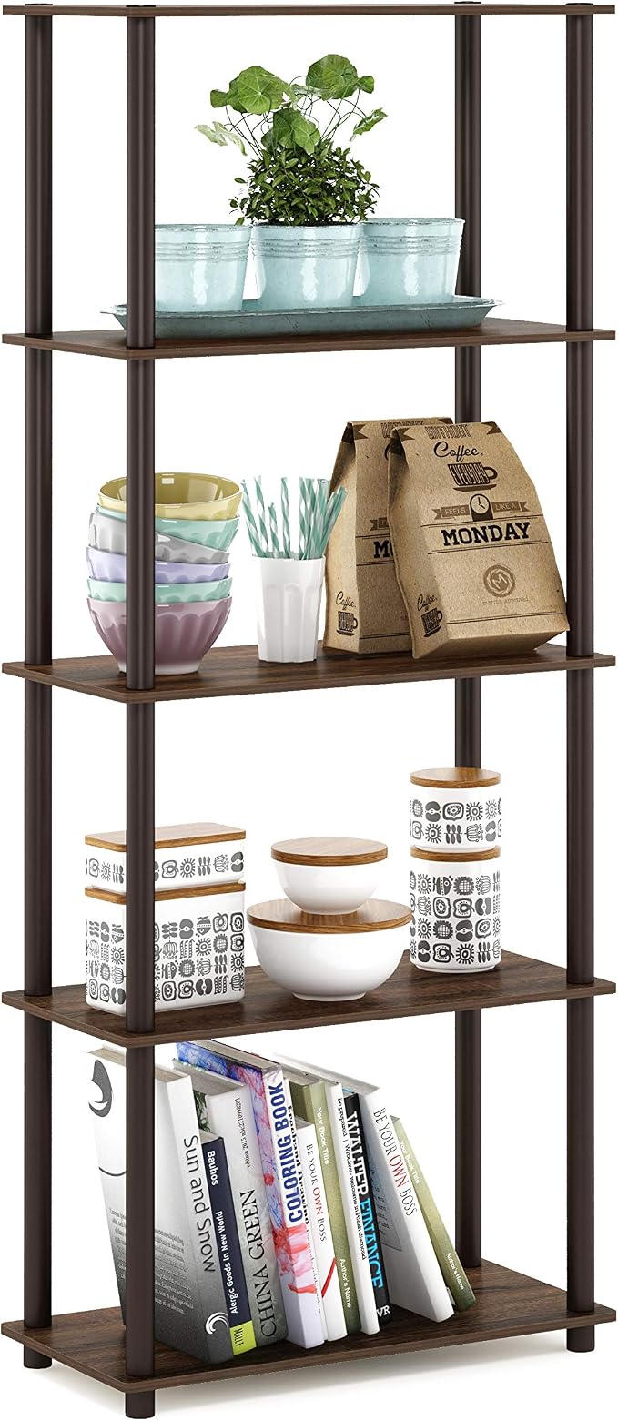 Furinno TURN-N-TUBE Storage Shelves, 5-Tier Book Shelf, Corner Shelf, Toolless Open Shelves, for Organization and Storage, Living Room, Garage, Home Office, Walnut by Furinno-FitsYourSpaceFitsYourBudget