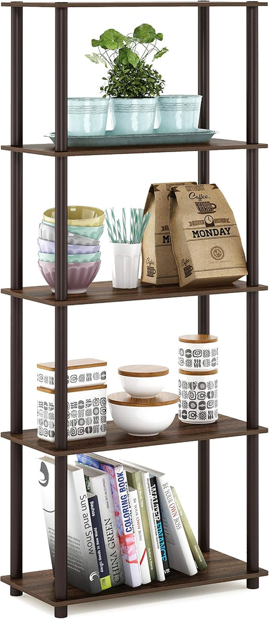 Furinno TURN-N-TUBE Storage Shelves, 5-Tier Book Shelf, Corner Shelf, Toolless Open Shelves, for Organization and Storage, Living Room, Garage, Home Office, Walnut by Furinno-FitsYourSpaceFitsYourBudget