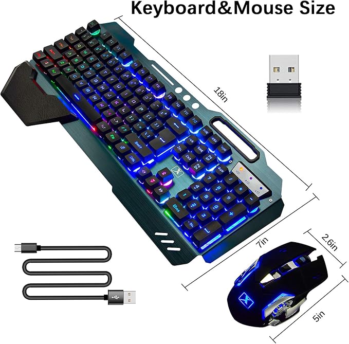 Wireless Gaming Keyboard and Mouse,Rainbow Backlit Rechargeable Keyboard Mouse with 3800mAh Battery Metal Panel,Removable Hand Rest Mechanical Feel Keyboard and 7 Color Gaming Mute Mice for PC Gamers - Image 8
